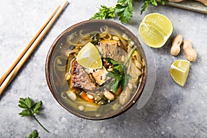 Miso Ramen Asian noodles soup with tempeh or tempe  in a bowl. Health food for healthy eating for vegans & vegetarians . Asian