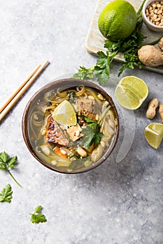 Miso Ramen Asian noodles soup with tempeh or tempe  in a bowl. Health food for healthy eating for vegans & vegetarians . Asian