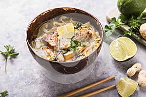 Miso Ramen Asian noodles soup with tempeh or tempe  in a bowl. Health food for healthy eating for vegans & vegetarians . Asian