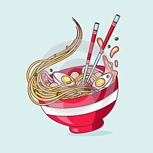 Miso ramen noodle with chopsticks isolated cartoon vector. Asianfood illustration.