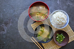 miso soup or Japanese miso soup in bowl on the table. Japanese cuisine in the form of soup with dashi ingredients, tofu, seafood,