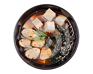 Miso soup with mussels, miso pasta,for online restaurant menu on white background