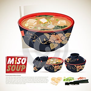 miso soup in traditional japanese bowl set. ingredients. logotype - vector photo