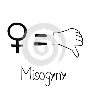 Misogyny. Woman symbols and thumb down. Concepts of restrictions on the ability of women in society, gender equality photo