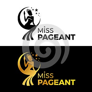 Miss lady pageant logo sign with Gold and black woman wear Crown sit on the moonn and star vector design