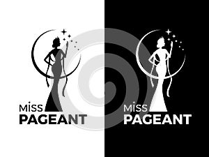 Miss lady pageant logo sign with queen wears evening gown and crown and star vector design photo