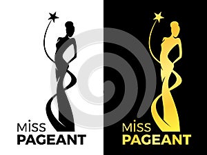 Miss lady pageant logo sign with queen wears evening gown and star around lady queen vector design