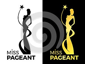 Miss lady pageant logo sign with queen wears evening gown and star around lady queen vector design photo