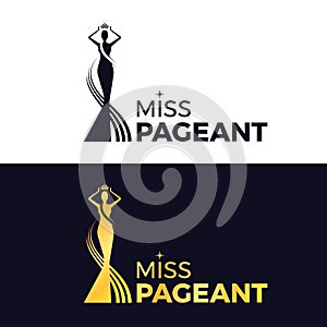 Miss pageant logo - black and gold The beauty queen pageant holding above a head the crown vector design