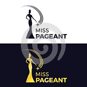 Miss pageant logo - black and gold The beauty queen pageant wearing a crown and holding a floating star vector design
