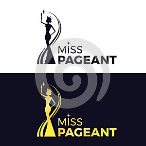 Miss pageant logo - black and gold The beauty queen pageant wearing a crown and reaching for the stars sign vector design