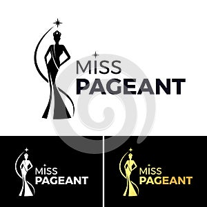 Miss pageant logo - black white and gold The beauty queen pageant wearing a crown and star roll around vector design photo