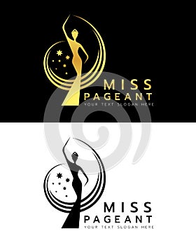 Miss pageant logo with gold and black abstract Beauty queen wear Crown and Raise hand waving and star sign vector dersign