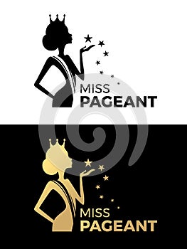 Miss pageant logo sign with Beauty queen wear a crown and hold star vector design