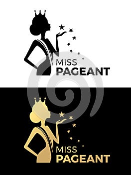 Miss pageant logo sign with Beauty queen wear a crown and hold star vector design photo