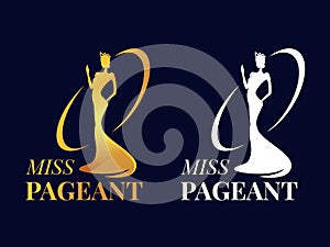 Miss pageant logo sign with Beauty queen wear a crown and motion hand Gold and white style vector design