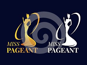 Miss pageant logo sign with Beauty queen wear a crown and motion hand Gold and white style vector design photo