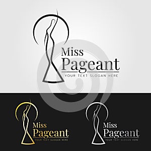 Miss pageant logo sign with black , gold and silver abstract line The beauty queen waved hand vector design