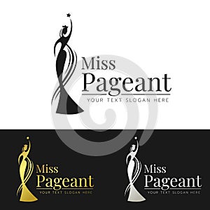 Miss pageant logo sign , black and gold and silver abstract modern beauty queen with long hair wearing a crown vector design