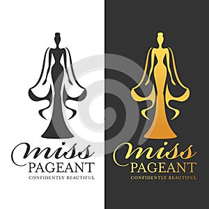 Miss pageant logo sign - black and gold woman queen with cape vector design