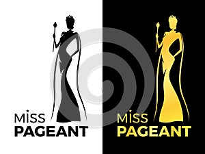 Miss pageant logo sign with woman queen wear crown and Beauty cape hold Wand vector design