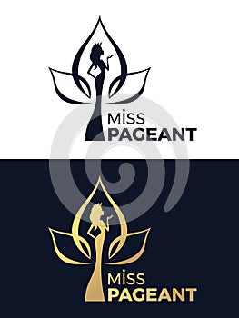 Miss pageant logo sign with woman wear a crown in lotus flower sign vector design