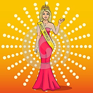 Miss the world of beauty. The girl, the winner of the contest of models. Vector, pop art. The imitation of the comic