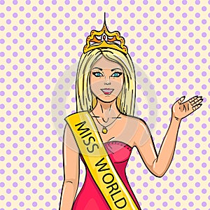 Miss the world of beauty. The girl, the winner of the contest of models. Vector, pop art. The imitation of the comic