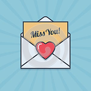 Miss You letter with heart shape in flat style.