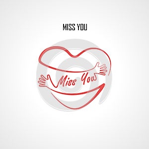 MISS YOU typographical design elements and Red heart shape with hand embrace.