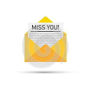 `Miss you!` Written Inside An Envelope Letter. Vector illustration.