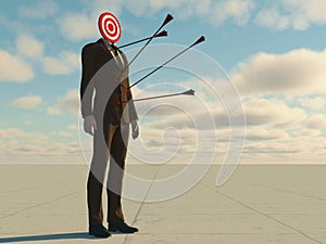 Headless businessman with a target and arrows . Target audience concept .