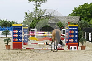 Equitation contest, horse refusing to jump over an obstacle