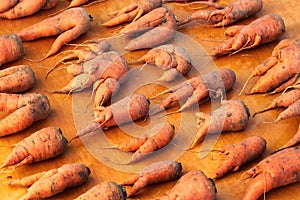 Misshapen and ugly carrots on wooden table at street market