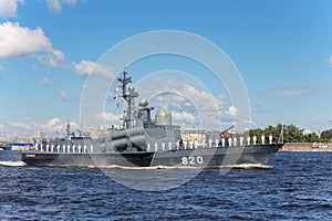 Missile boat Chuvashia on rehearsal of the naval parade on the day of the Russian Fleet in St. Petersburg