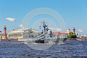 Missile boat Chuvashia on rehearsal of the naval parade on the day of the Russian Fleet in St. Petersburg