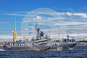 Missile boat Chuvashia on rehearsal of the naval parade on the day of the Russian Fleet in St. Petersburg