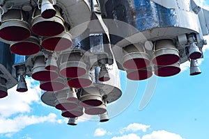 Missile engine first step of space rocket. Close up. On sky background