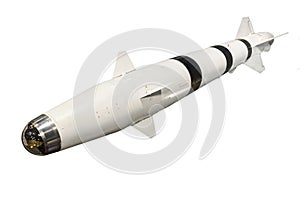 A missile with a warhead on a white background isolated on white background. Weapons of mass destruction, chemical, nuclear. photo