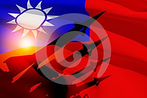 The missiles are aimed with Taiwan flag. Nuclear bomb, chemical weapons, missile defense.