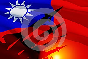 The missiles are aimed with Taiwan flag. Nuclear bomb, chemical weapons, missile defense.