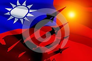 The missiles are aimed with Taiwan flag. Nuclear bomb, chemical weapons, missile defense.