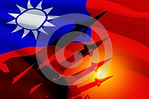 The missiles are aimed with Taiwan flag. Nuclear bomb, chemical weapons, missile defense.