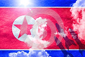 Missiles in front of north korean flag