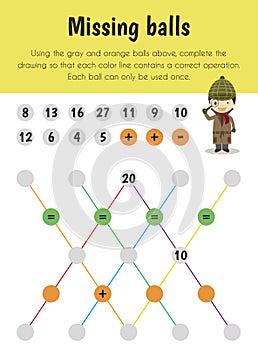 Missing balls Educational Sheet. Primary module for Numerical Ability. 5-6 years old