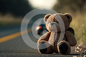 Missing child, child abuse concept. Abandoned cute teddy bear toy sitting on road on asphalt against background of leaving car