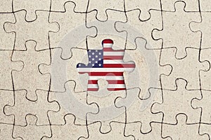 Missing jigsaw puzzle piece and usa flag. Abstract concept