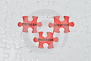 Missing jigsaw puzzle with the word PROBLEM, SOLUTION and MEDIATOR