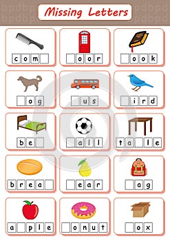 Missing letters, Find the missing letters and write them in relevant places, Worksheet for kids, dyslexia, learning disabilities