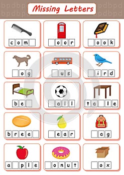 Missing letters, Find the missing letters and write them in relevant places, Worksheet for kids, dyslexia, learning disabilities photo